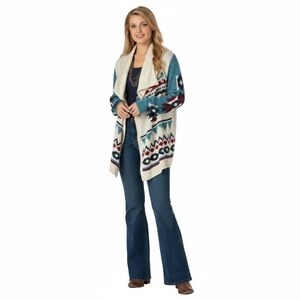 Wrangler Retro Size S Long Sleeve Geo Print Drape Front Knitted Aztec Cardigan